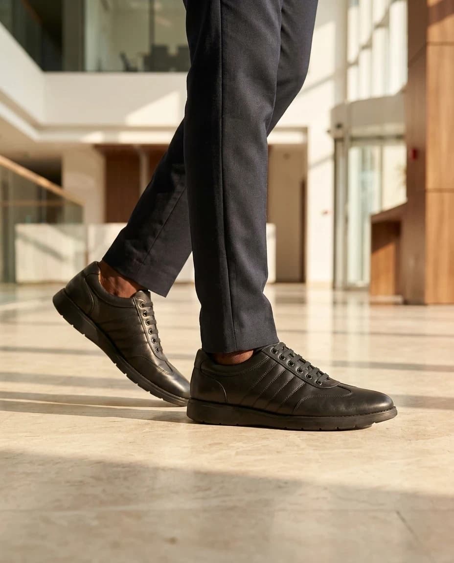 Chaussures en cuir noir élégantes portées par un jeune homme africain dans un hall d'immeuble de bureaux moderne à Abidjan