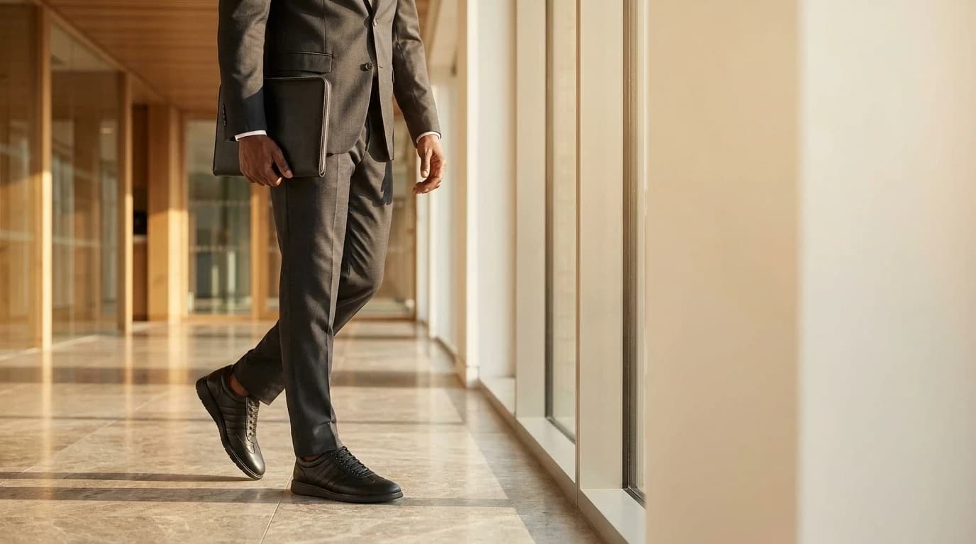Jeune homme africain marchant d'un pas assuré dans un couloir élégant d'immeuble de bureaux, dossier discret à la main, avec les chaussures noires en cuir bien visibles.