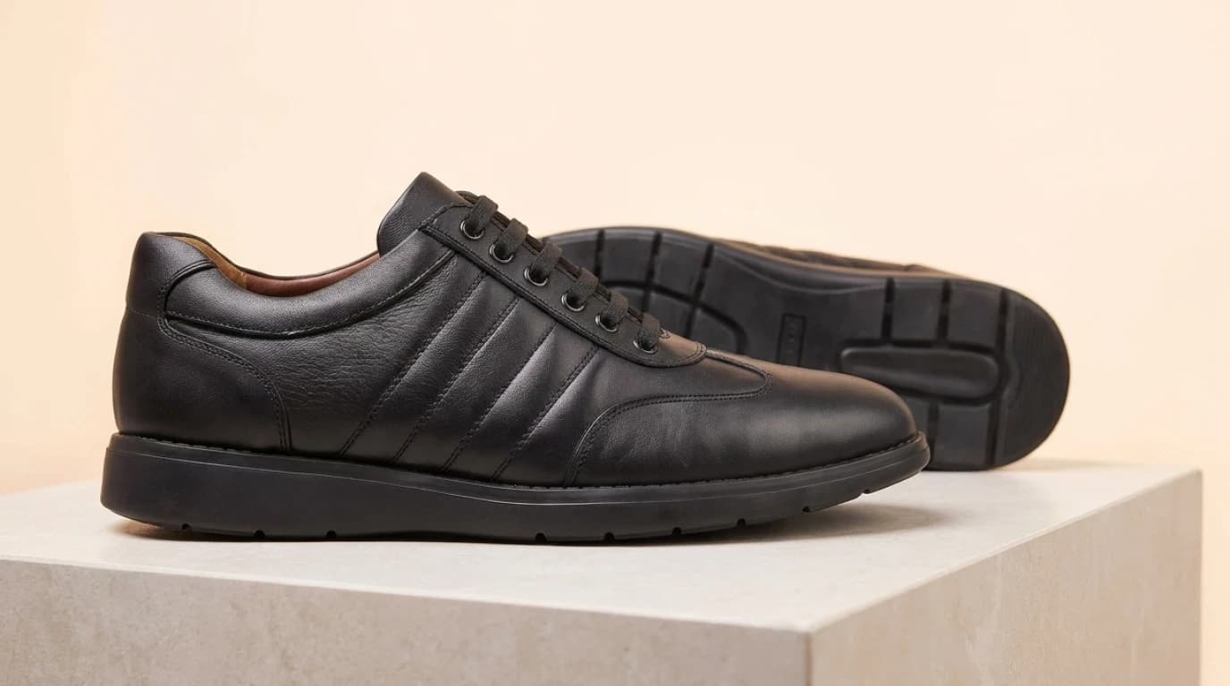 Chaussure en cuir noir sur socle en pierre claire